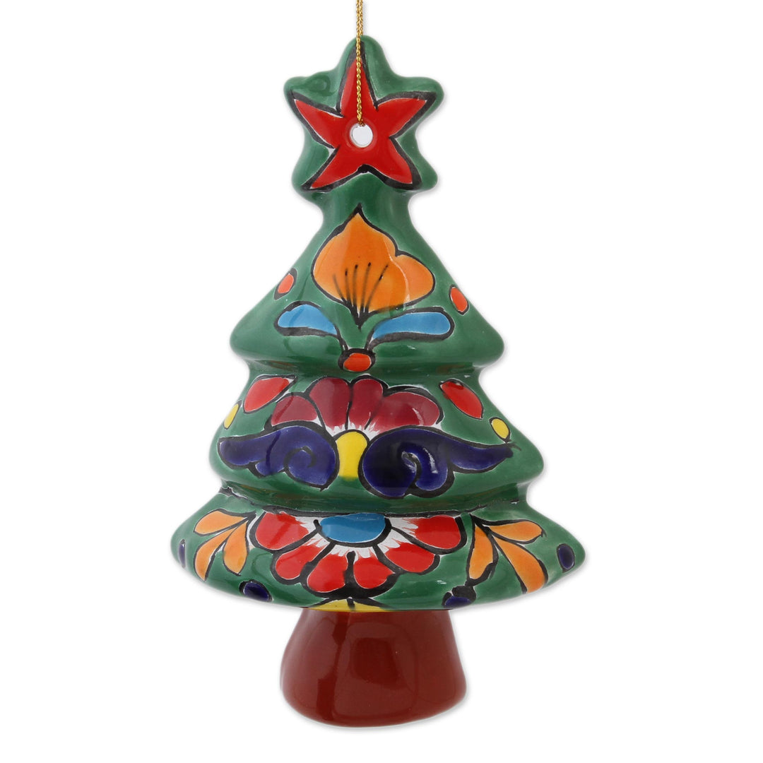 Floral Ceramic Christmas Tree Ornaments from Mexico (Pair) - Talavera Celebration