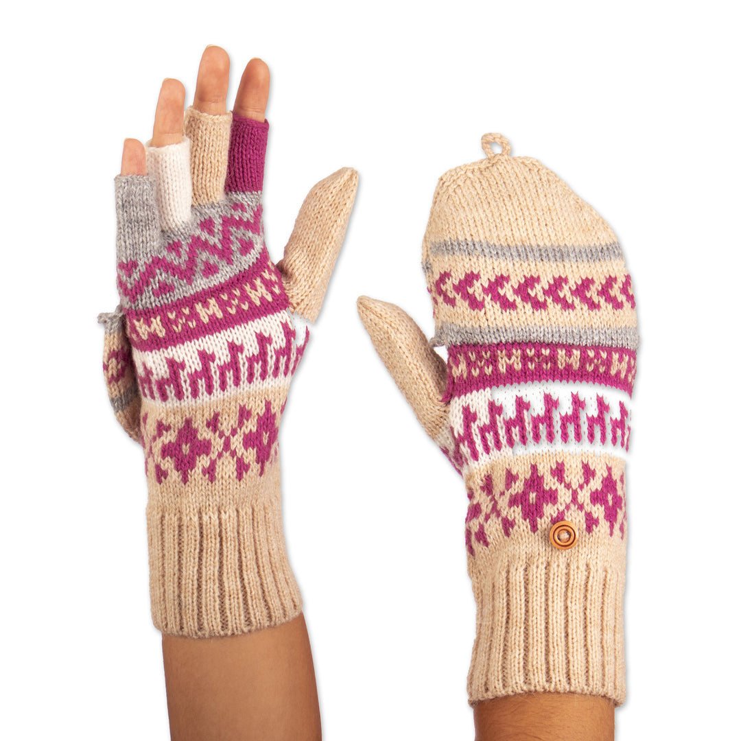 Azalea and Beige Acrylic and Alpaca Blend Convertible Gloves - Azalea Mountains