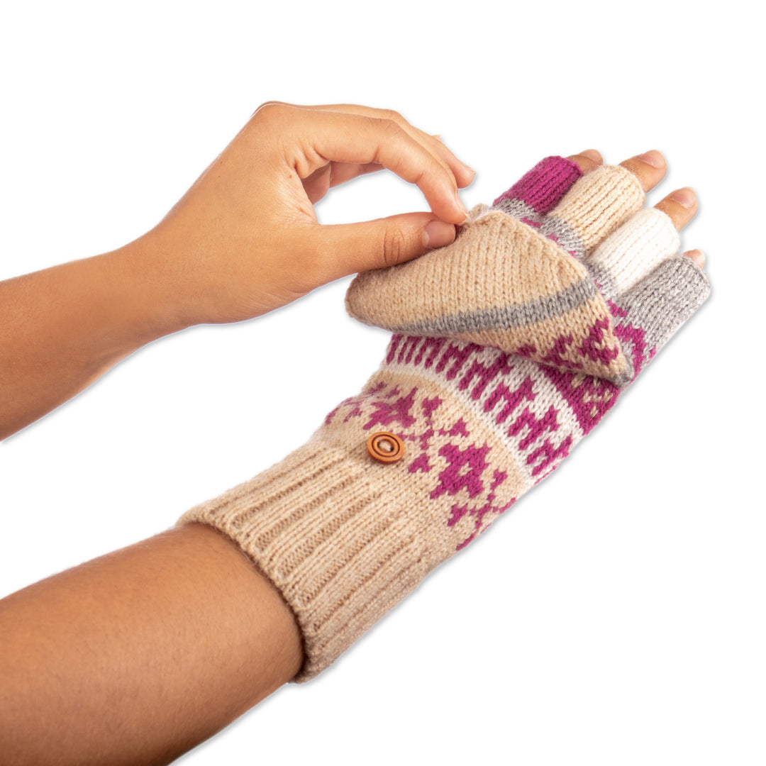 Azalea and Beige Acrylic and Alpaca Blend Convertible Gloves - Azalea Mountains