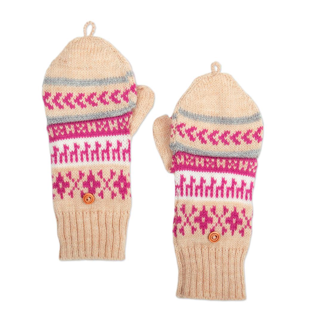 Azalea and Beige Acrylic and Alpaca Blend Convertible Gloves - Azalea Mountains