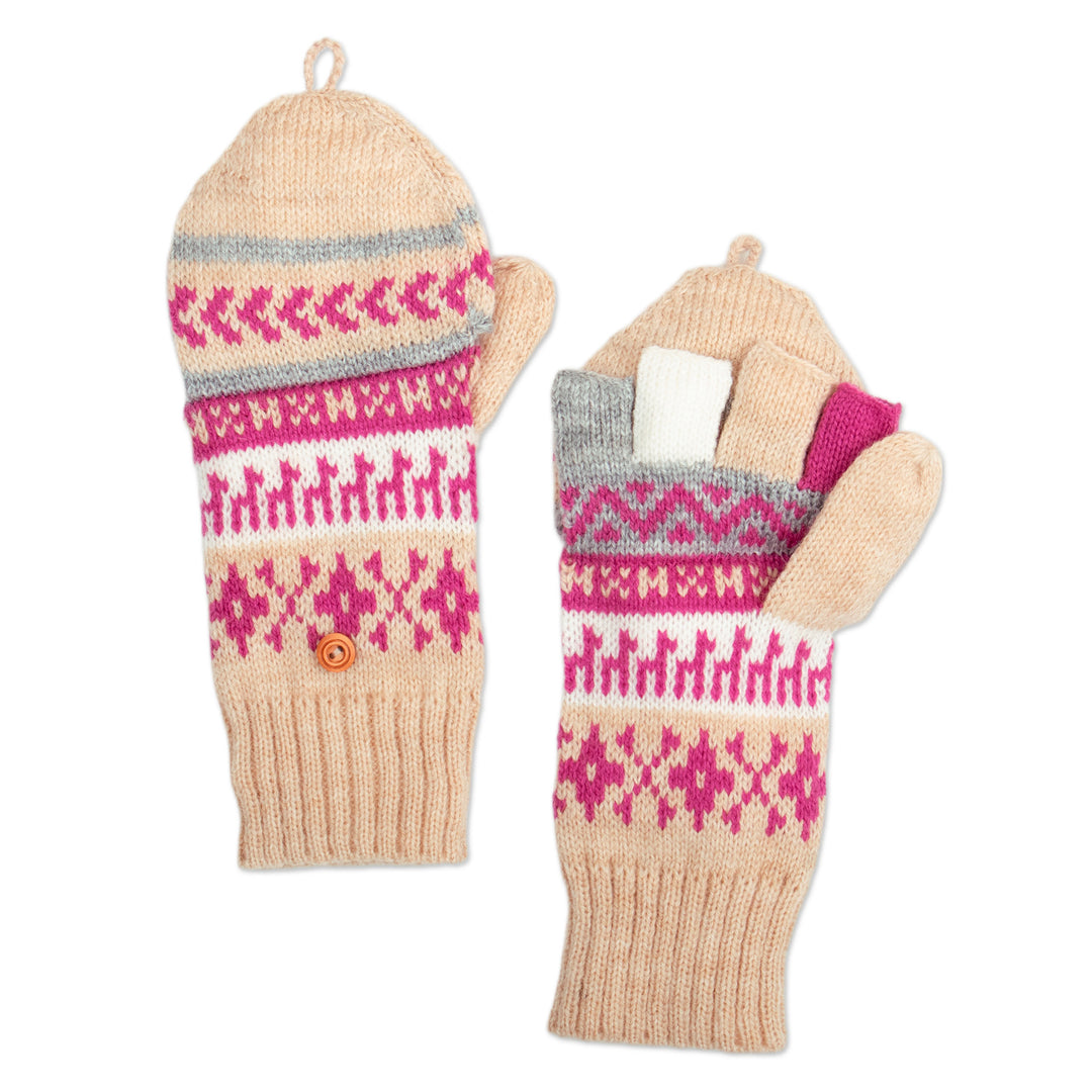 Azalea and Beige Acrylic and Alpaca Blend Convertible Gloves - Azalea Mountains