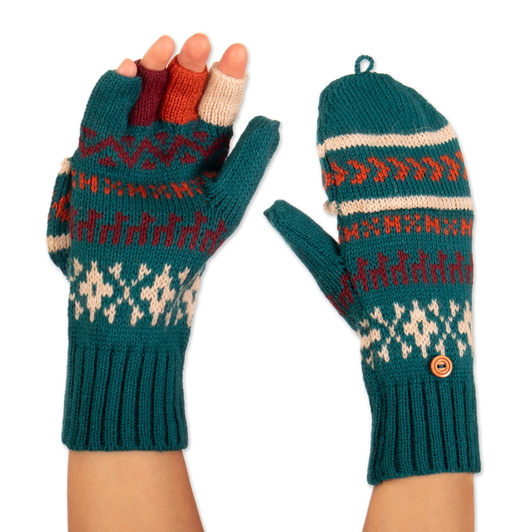 Knit Teal Acrylic and Alpaca Blend Convertible Gloves - Teal Mountains