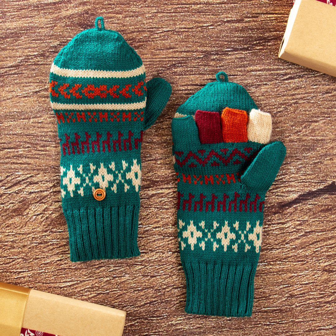 Knit Teal Acrylic and Alpaca Blend Convertible Gloves - Teal Mountains