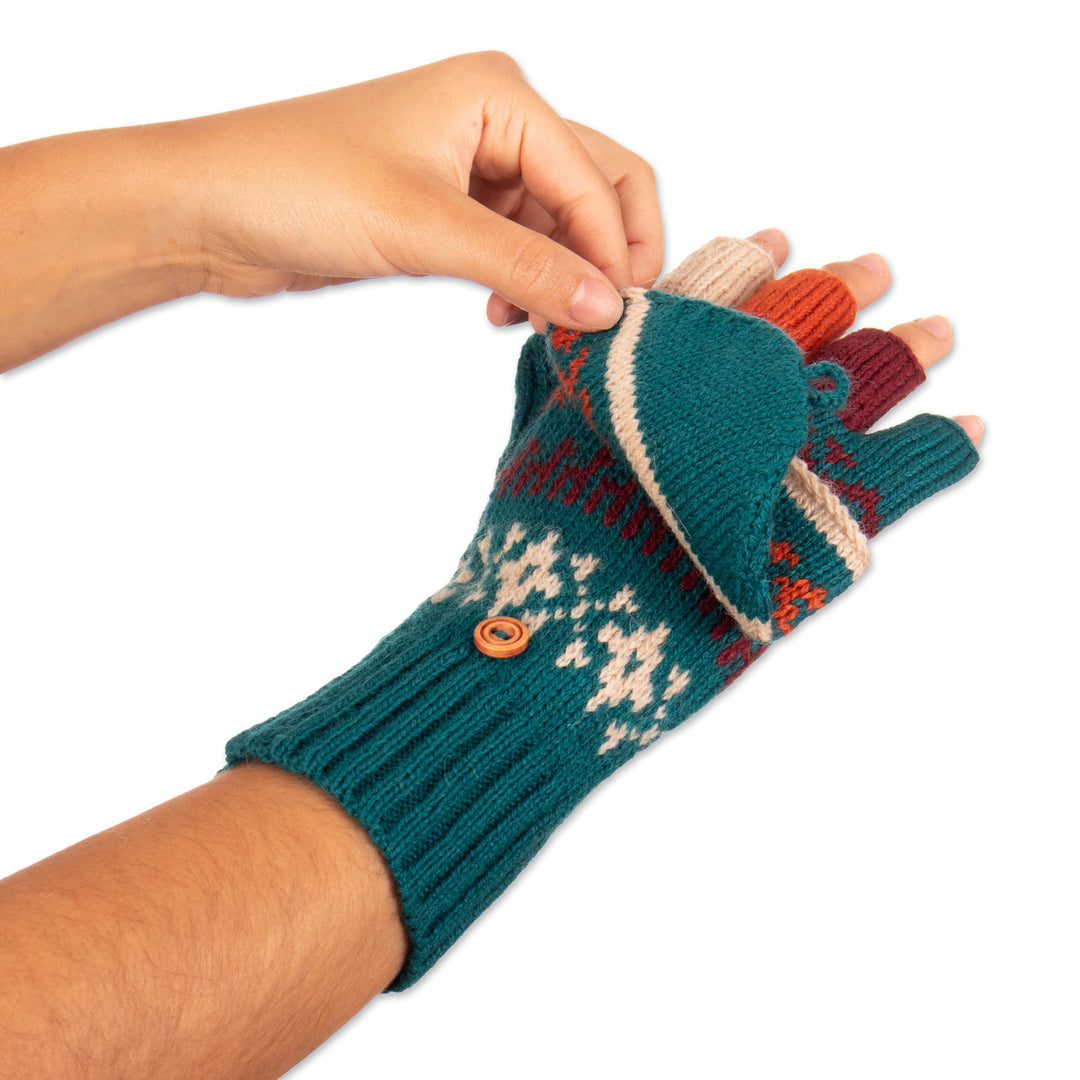 Knit Teal Acrylic and Alpaca Blend Convertible Gloves - Teal Mountains