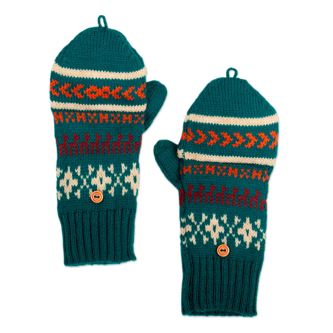 Knit Teal Acrylic and Alpaca Blend Convertible Gloves - Teal Mountains