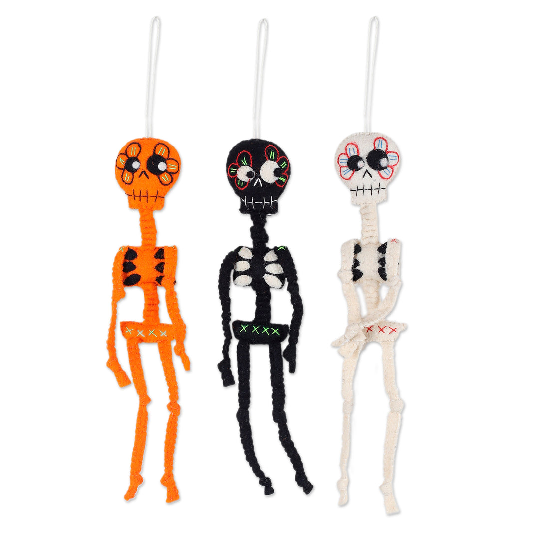 Set of Three Handcrafted Skeleton Wool Felt Decorations - Skeleton Dance