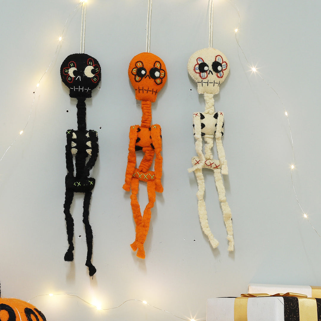 Set of Three Handcrafted Skeleton Wool Felt Decorations - Skeleton Dance