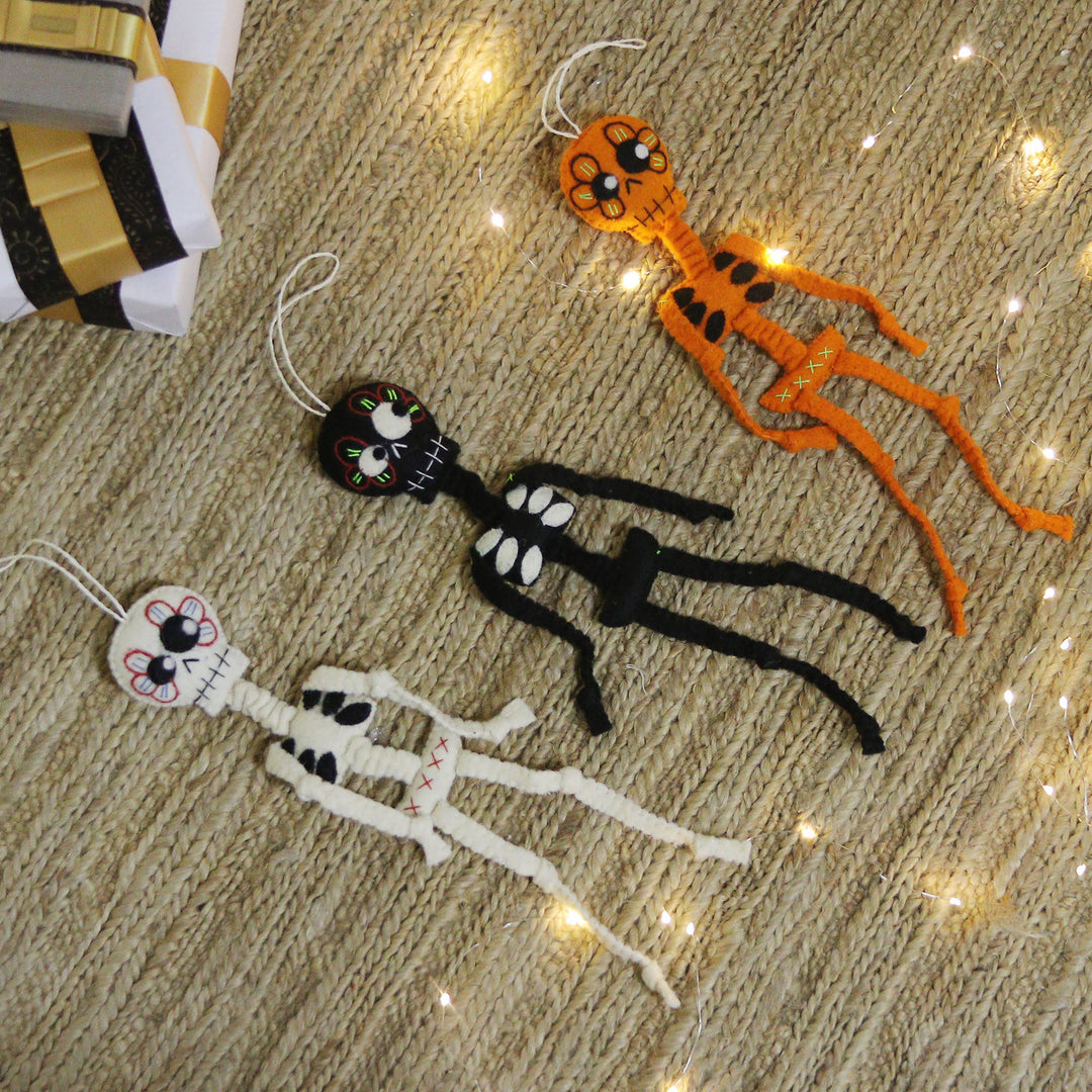 Set of Three Handcrafted Skeleton Wool Felt Decorations - Skeleton Dance