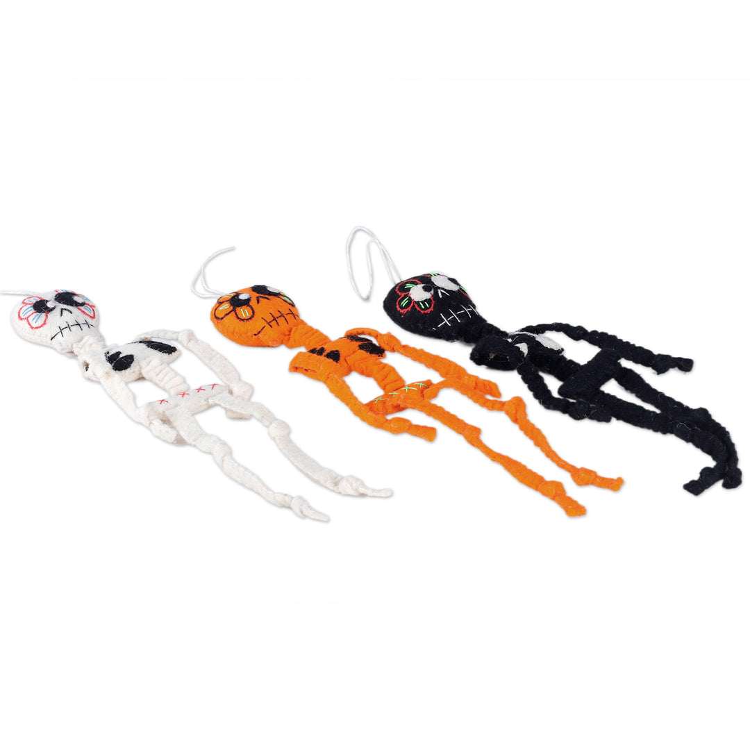 Set of Three Handcrafted Skeleton Wool Felt Decorations - Skeleton Dance