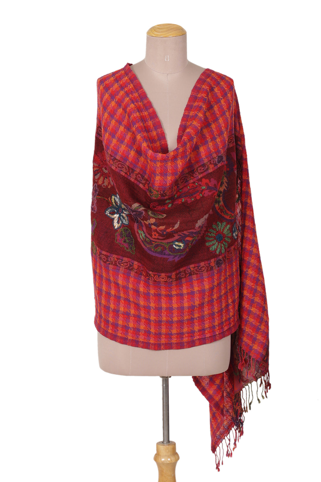 Loomed Checkered Paisley Red and Purple Wool Shawl - Glorious Scenes