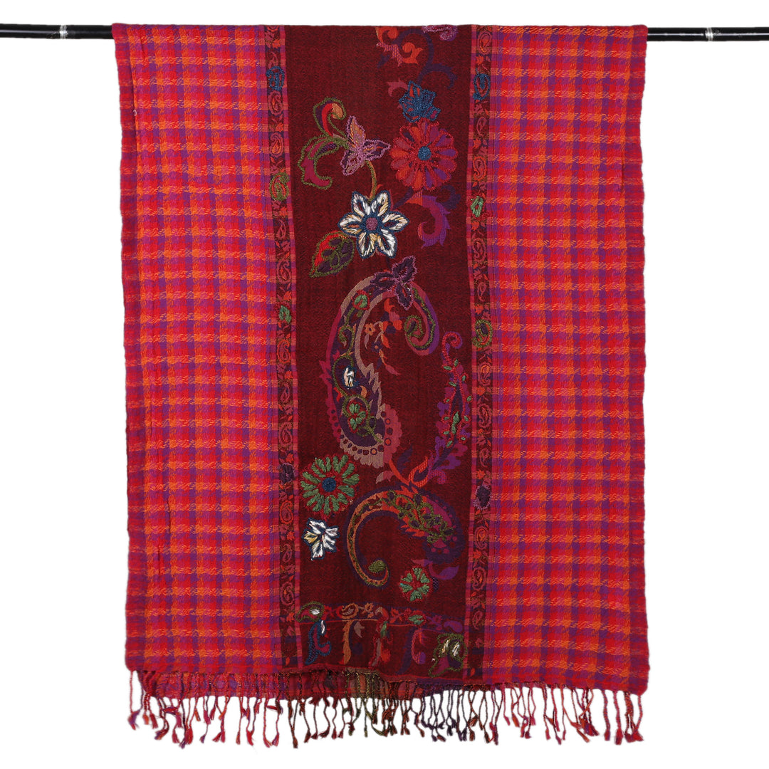 Loomed Checkered Paisley Red and Purple Wool Shawl - Glorious Scenes