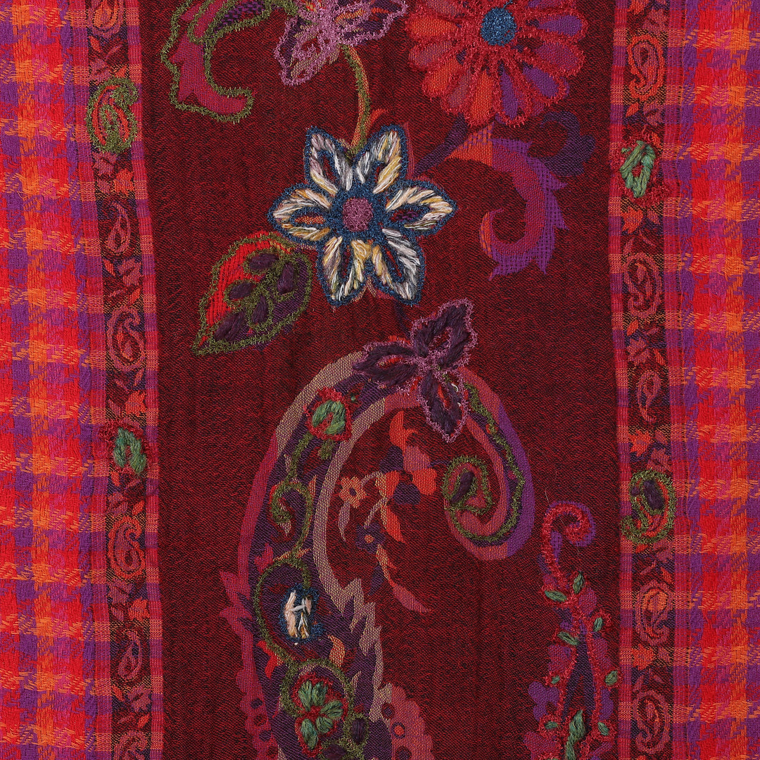 Loomed Checkered Paisley Red and Purple Wool Shawl - Glorious Scenes