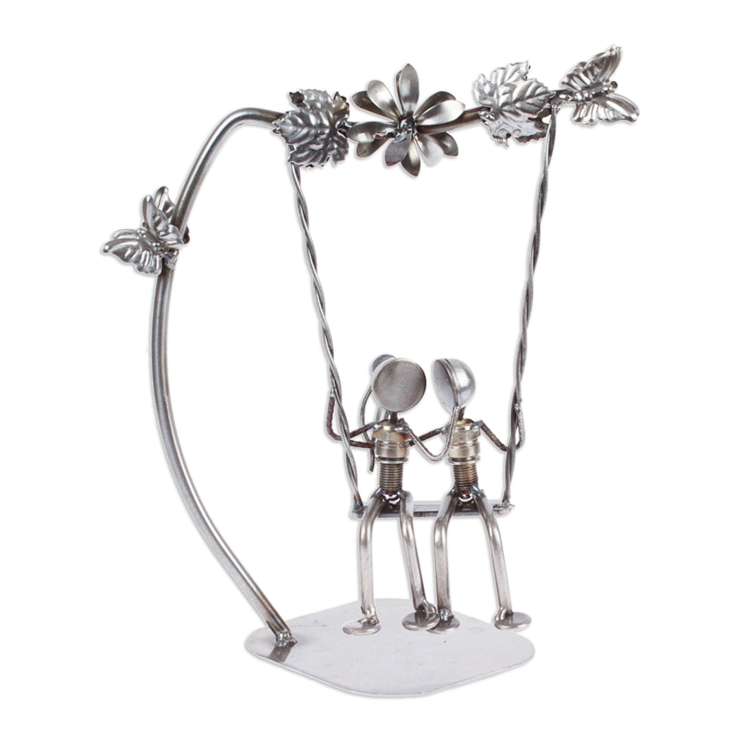 Eco-Friendly Recycled Auto Part Statuette of Couple in Swing - Romantic Swing