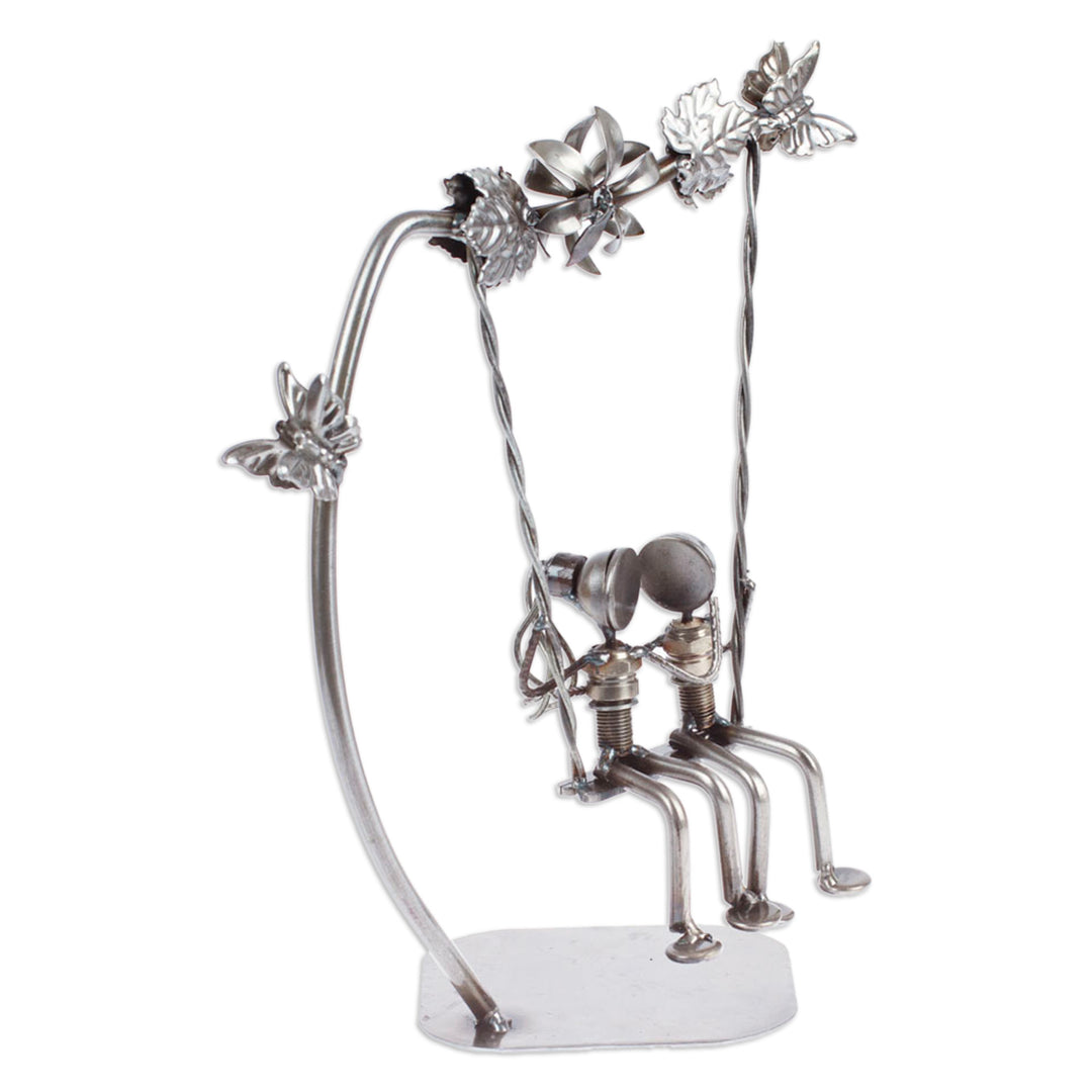 Eco-Friendly Recycled Auto Part Statuette of Couple in Swing - Romantic Swing