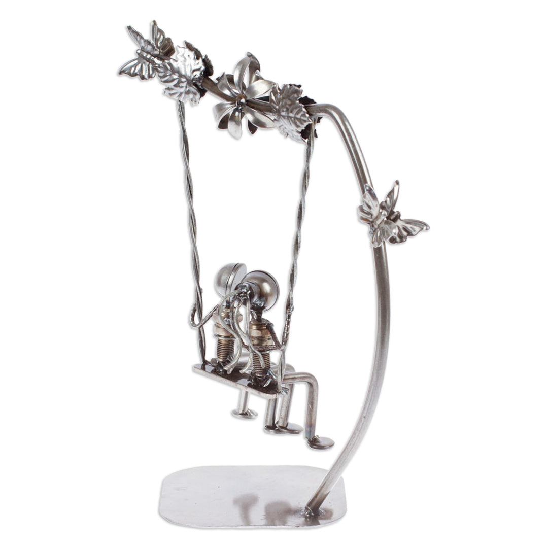 Eco-Friendly Recycled Auto Part Statuette of Couple in Swing - Romantic Swing