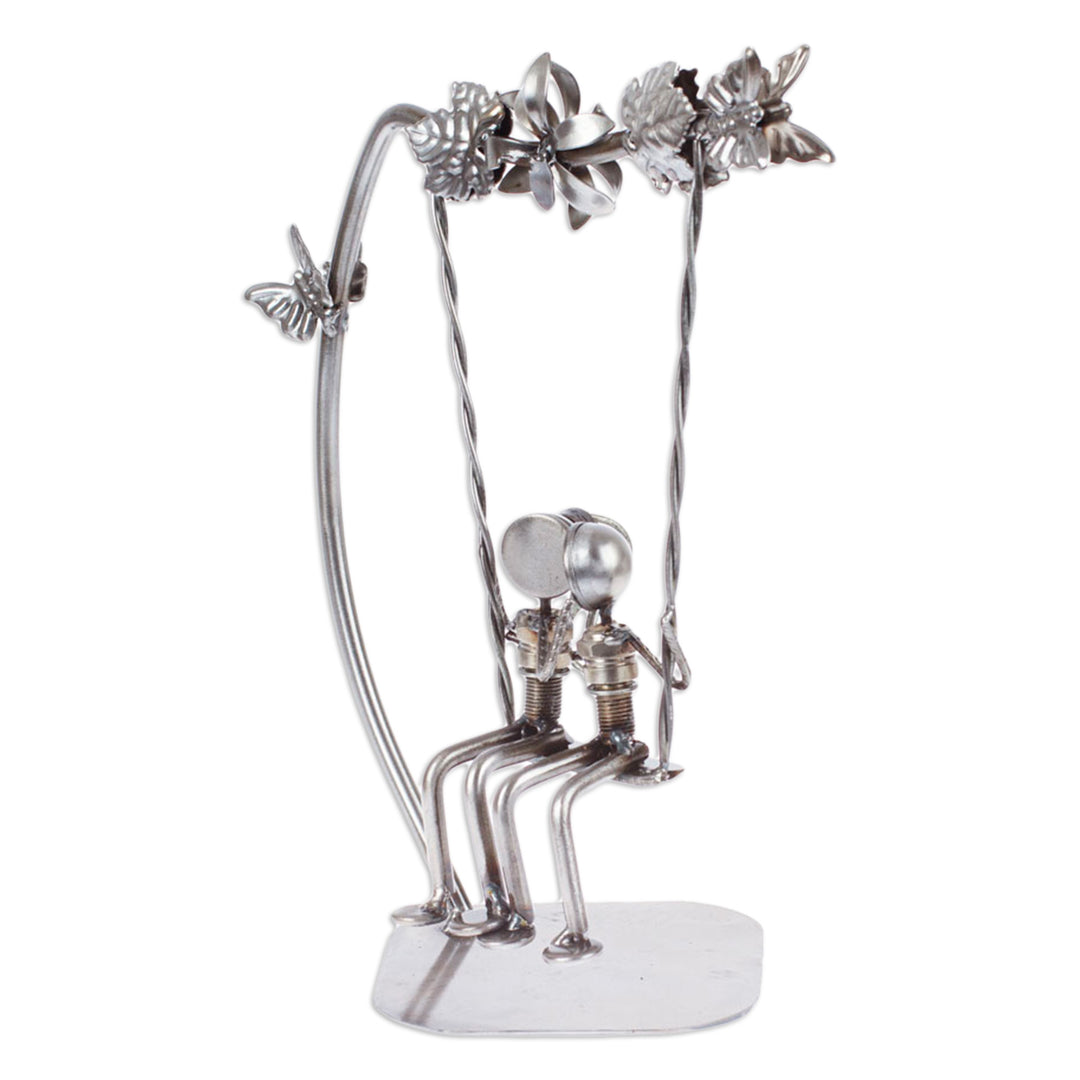 Eco-Friendly Recycled Auto Part Statuette of Couple in Swing - Romantic Swing