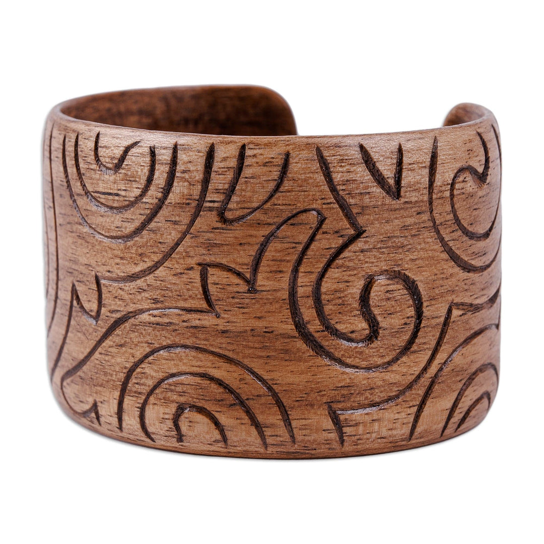 Vine-Patterned Walnut Wood Cuff Bracelet from Kazakhstan - Palace Mark
