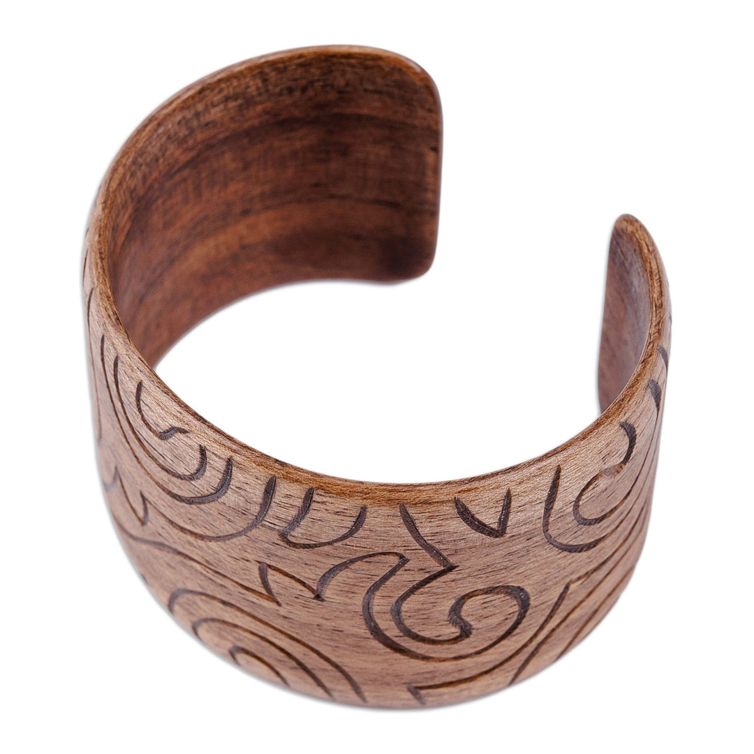 Vine-Patterned Walnut Wood Cuff Bracelet from Kazakhstan - Palace Mark