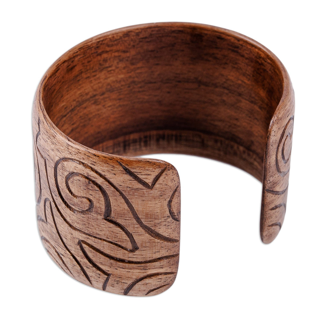 Vine-Patterned Walnut Wood Cuff Bracelet from Kazakhstan - Palace Mark