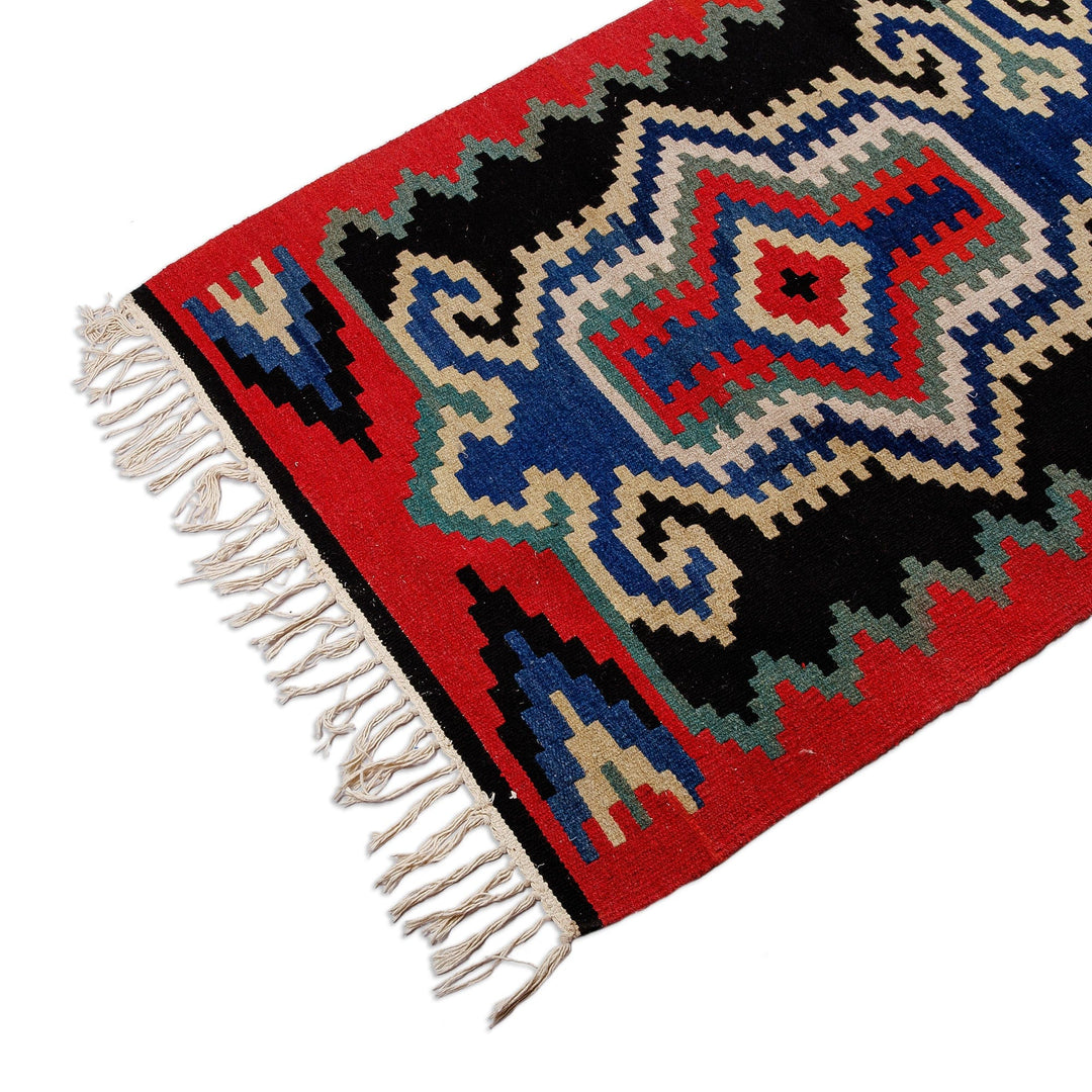 Traditional Handwoven Red and Black Wool Rug (3x6.5) - Uzbekistan Glimpses