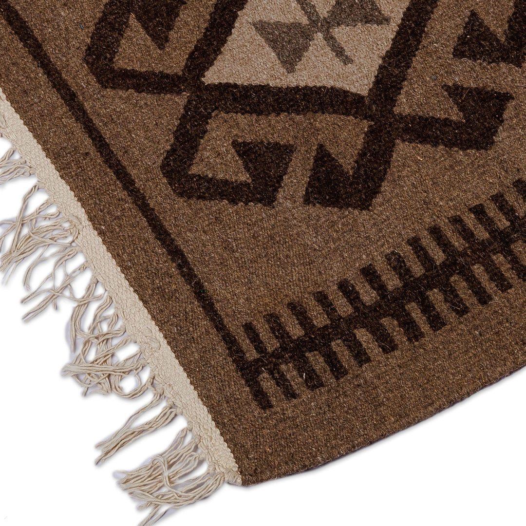 Geometric Patterned Brown Wool Area Rug with Fringes (2.5x3) - Desert Eyes