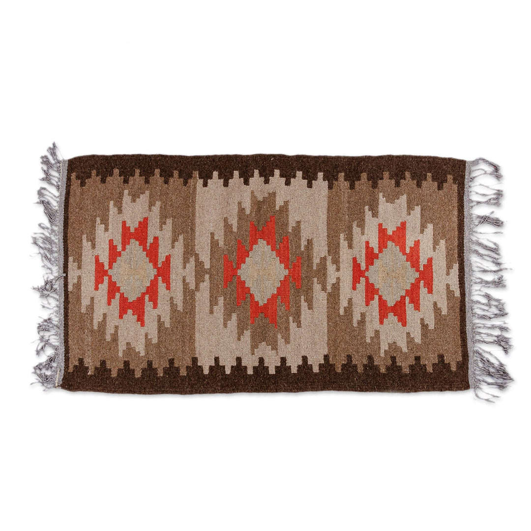 Geometric Brown and Red Fringed Wool Area Rug (2x4) - Oasis Energy