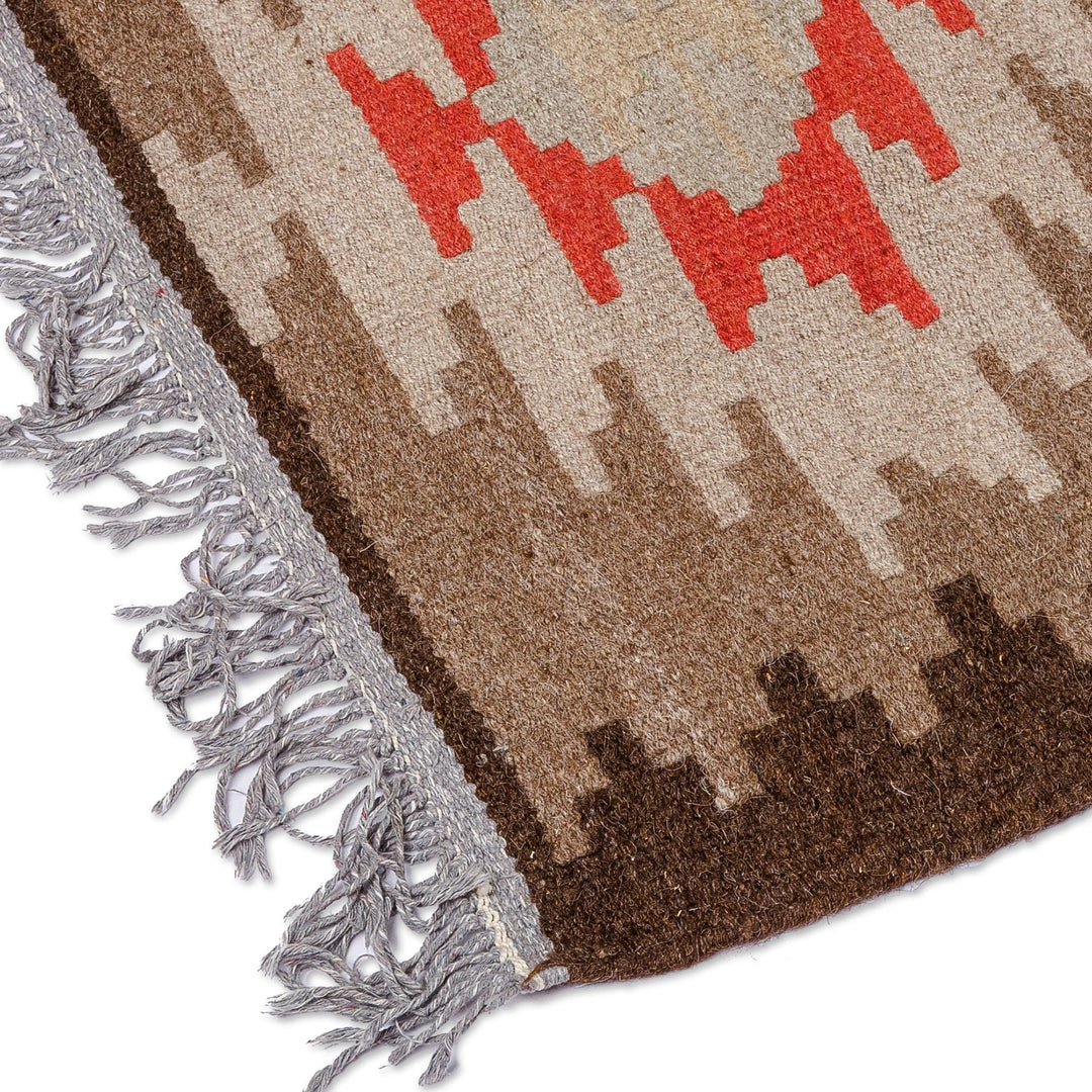 Geometric Brown and Red Fringed Wool Area Rug (2x4) - Oasis Energy