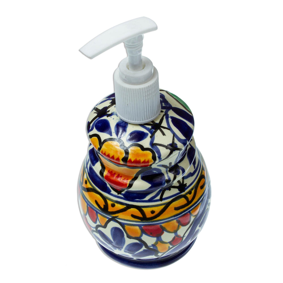 Artisan Crafted Ceramic Floral Soap Dispenser - Cobalt Flowers
