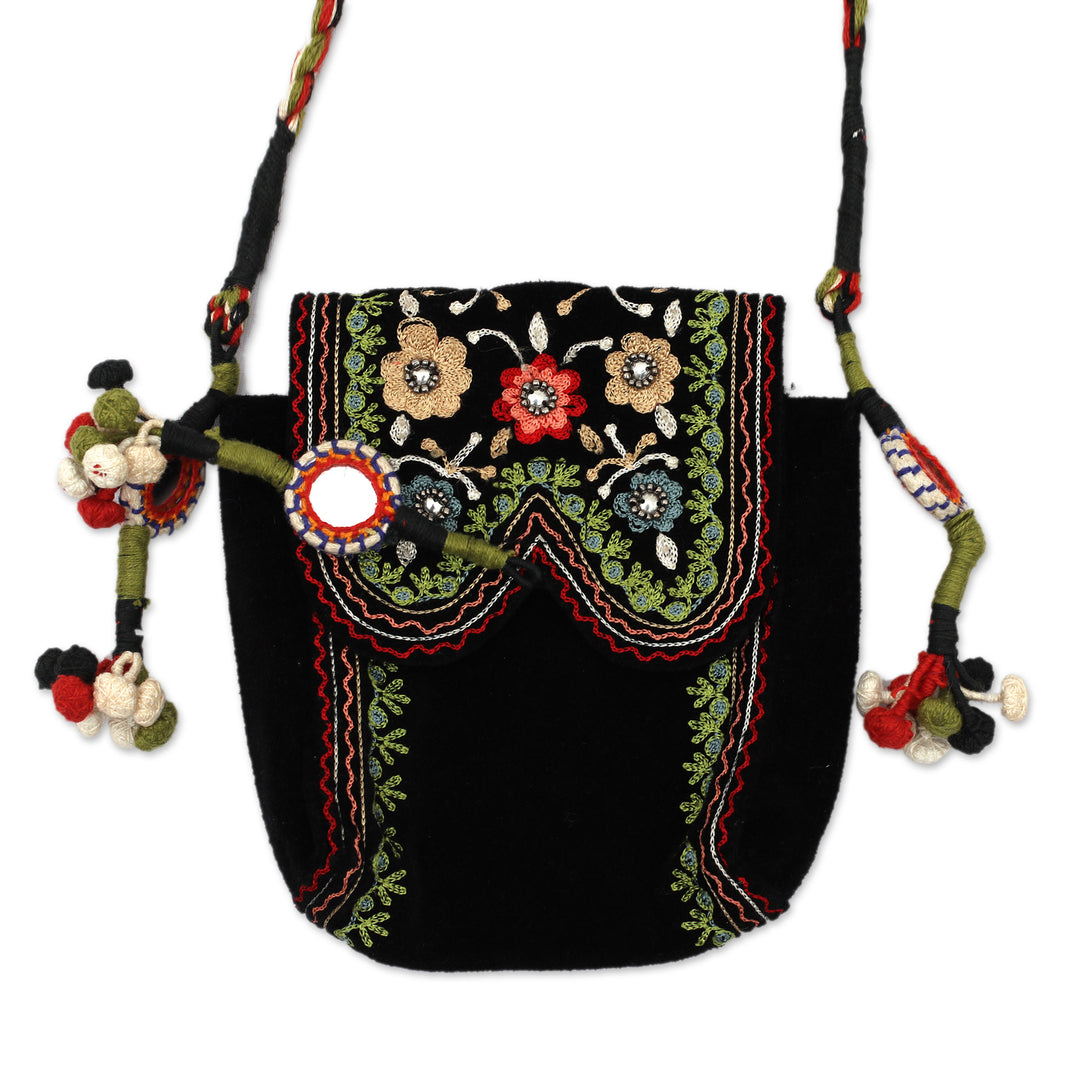 Floral Embroidered Sling in a Black Hue with Mirror Accents - Dream Chaser