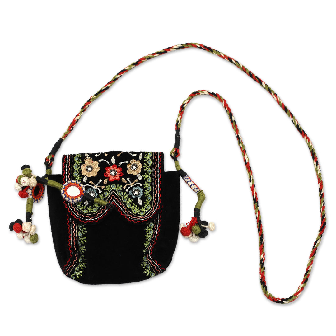 Floral Embroidered Sling in a Black Hue with Mirror Accents - Dream Chaser
