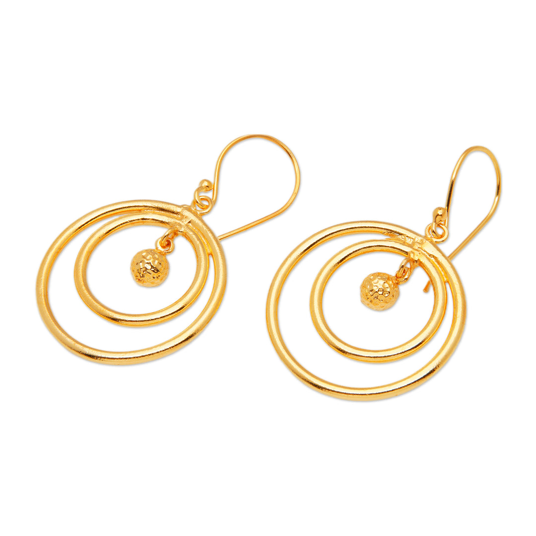 Round 18k Gold-Plated Brass Dangle Earrings from Bali - Swinging Sphere