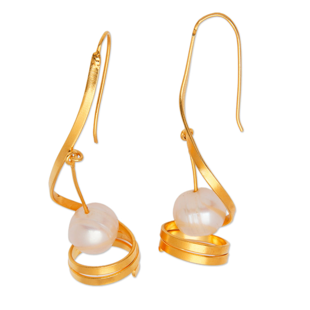 Modern Spiral Gold-Plated Brass Cultured Pearl Drop Earrings - Flowing Sea