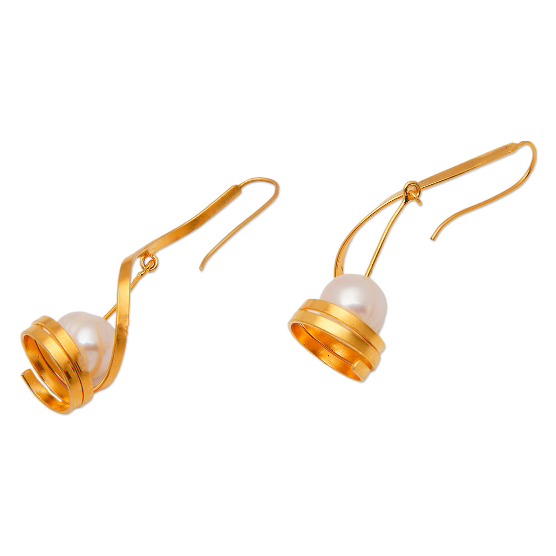 Modern Spiral Gold-Plated Brass Cultured Pearl Drop Earrings - Flowing Sea