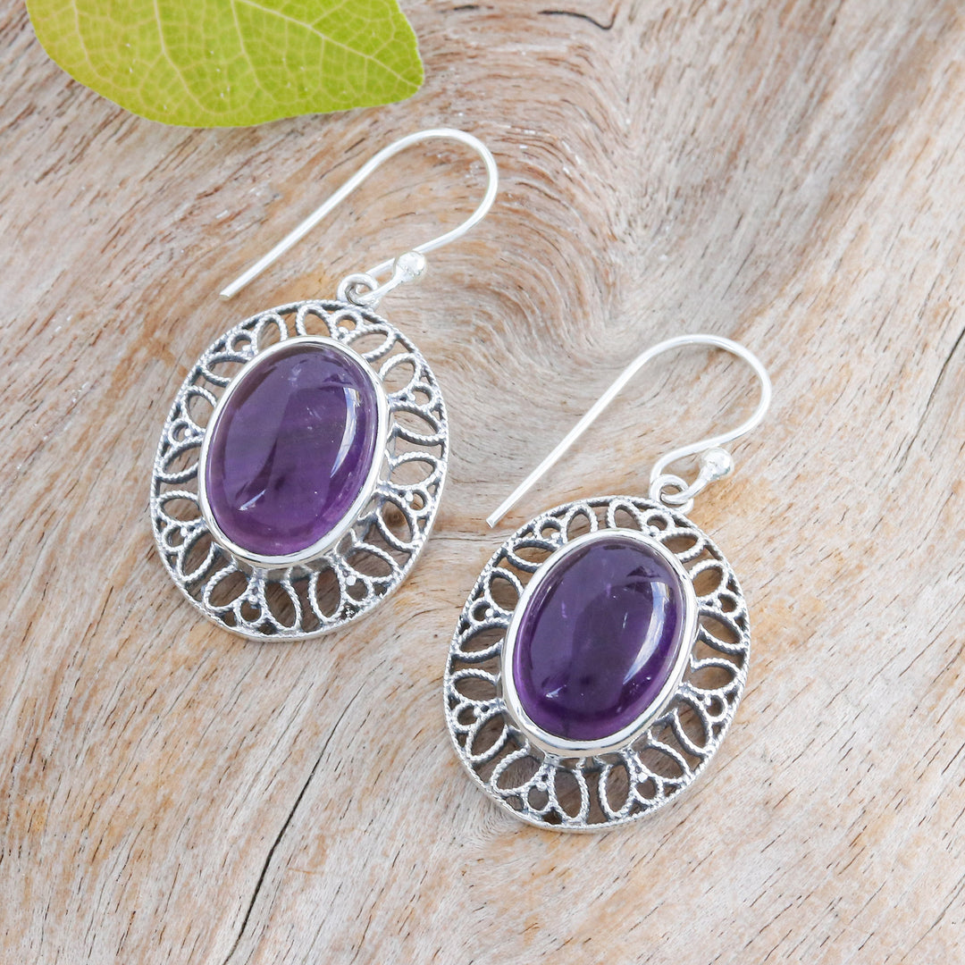 High Polished Floral Natural Amethyst Dangle Earrings - Wise Lotus