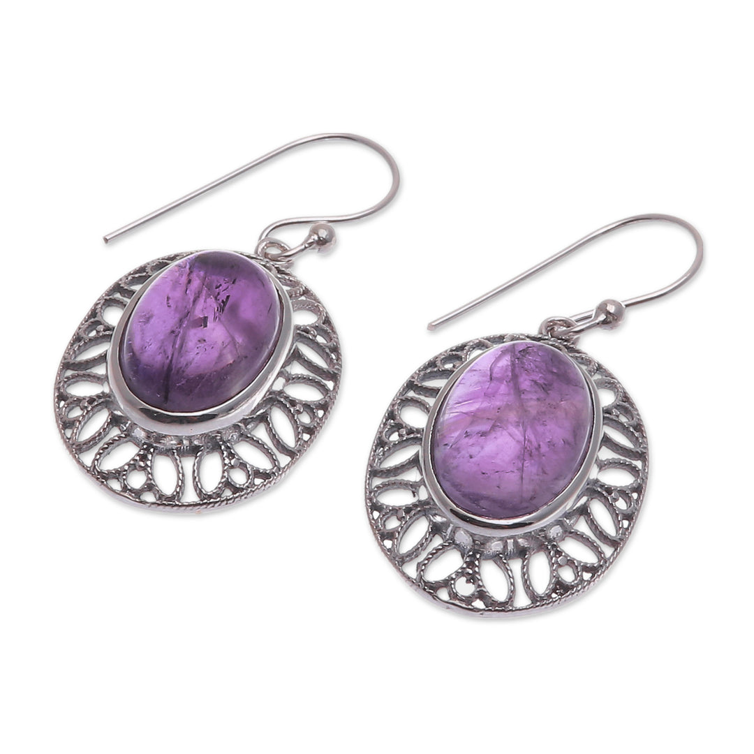 High Polished Floral Natural Amethyst Dangle Earrings - Wise Lotus