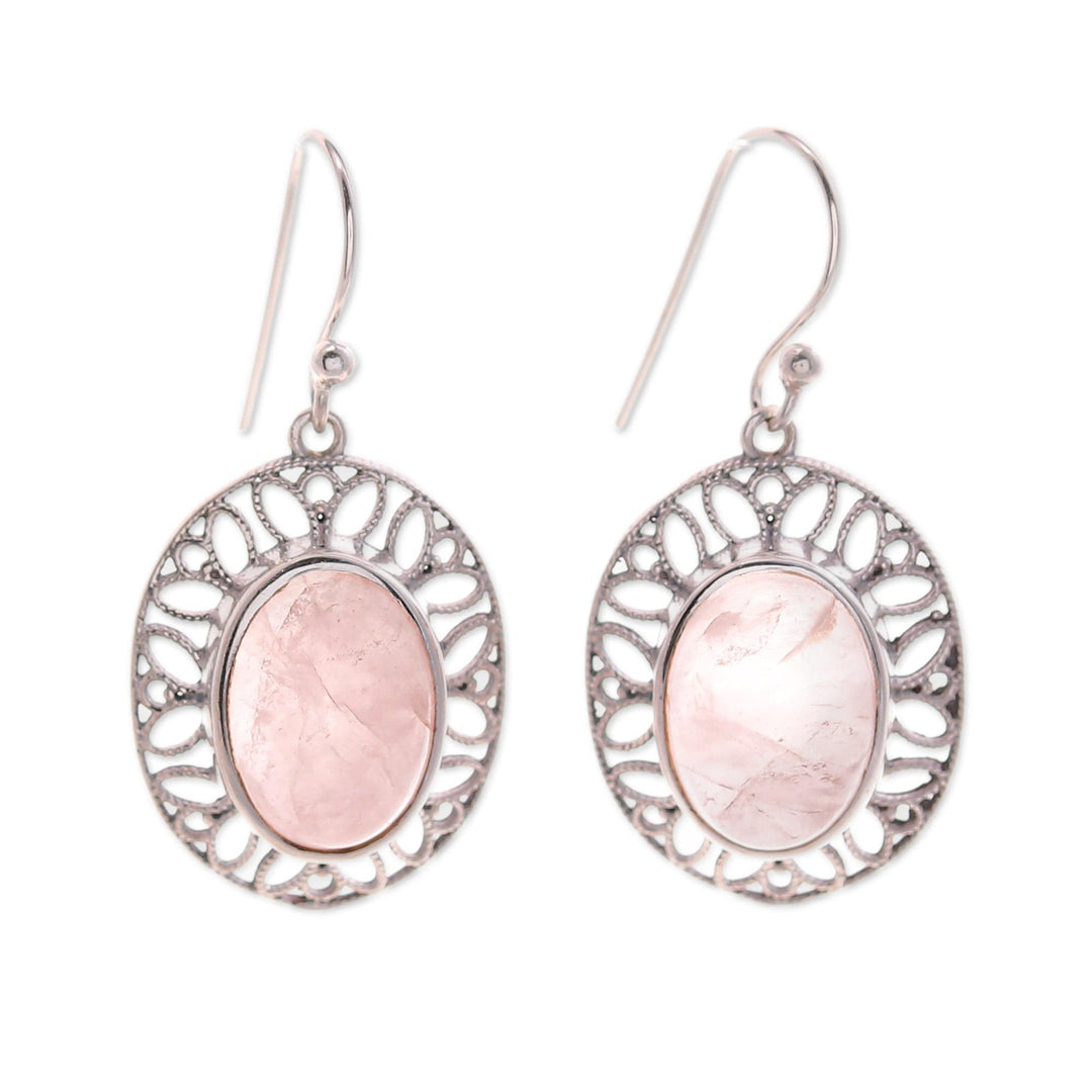 High Polished Floral Natural Rose Quartz Dangle Earrings - Unconditional Lotus