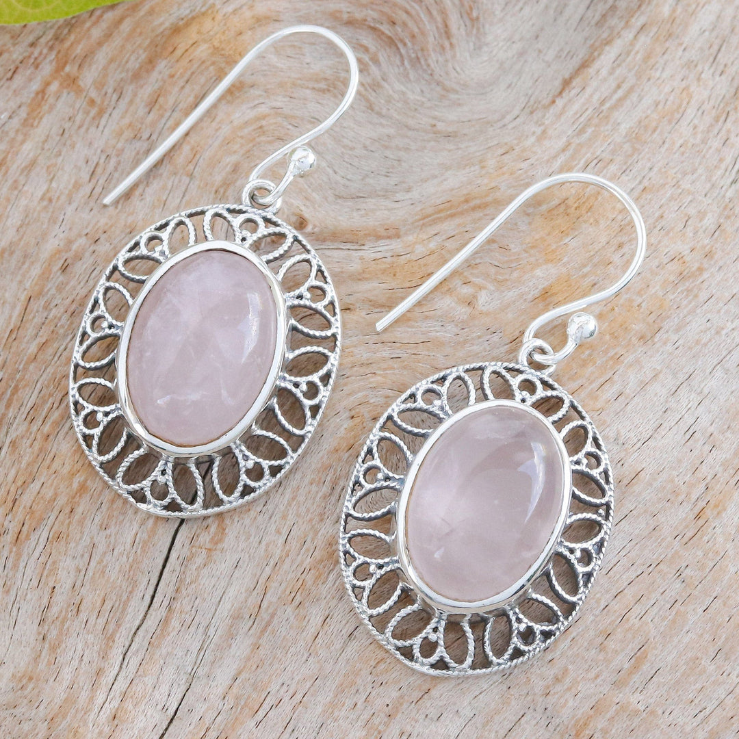 High Polished Floral Natural Rose Quartz Dangle Earrings - Unconditional Lotus