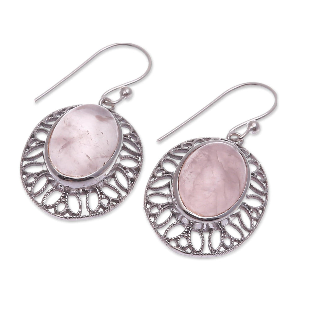 High Polished Floral Natural Rose Quartz Dangle Earrings - Unconditional Lotus