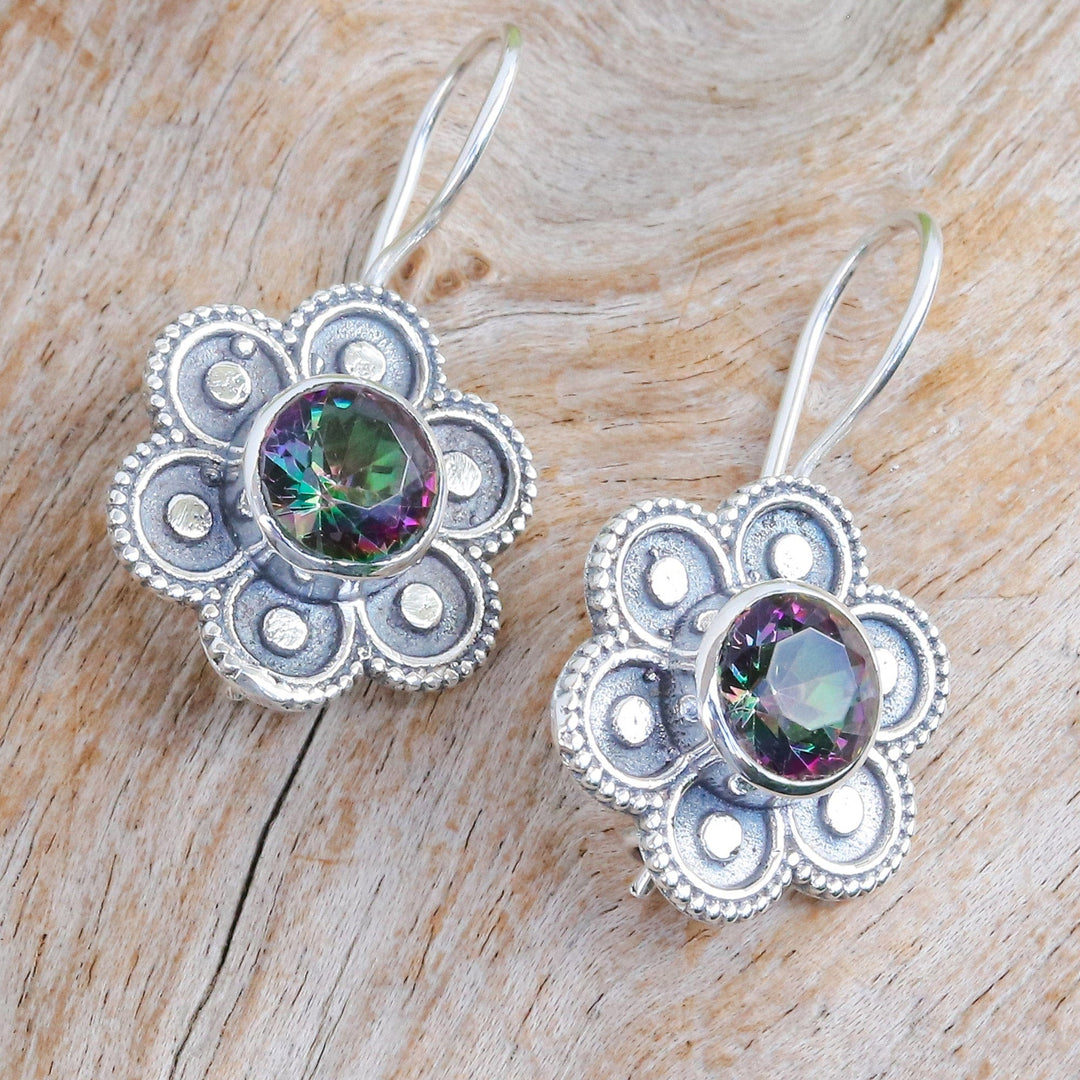 Polished Flower-Shaped Mystic Topaz Drop Earrings - Mystic Bloom