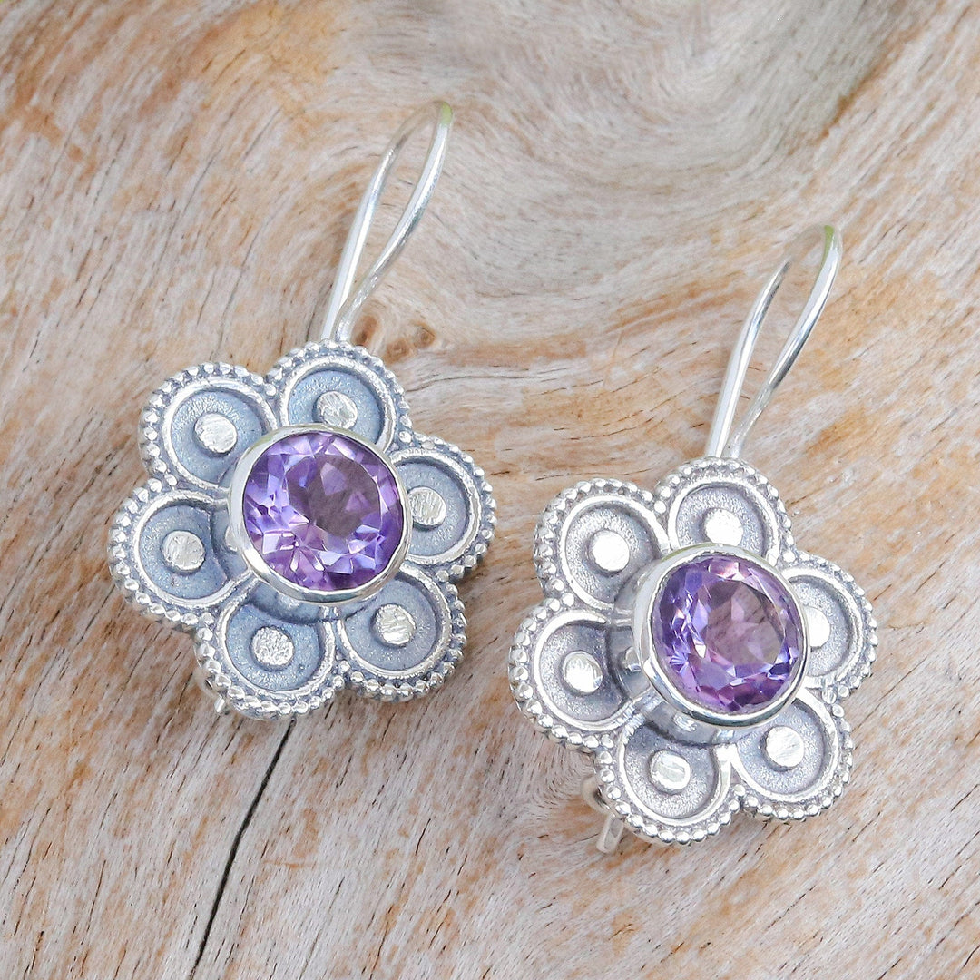 Polished Flower-Shaped Amethyst Drop Earrings - Wise Bloom