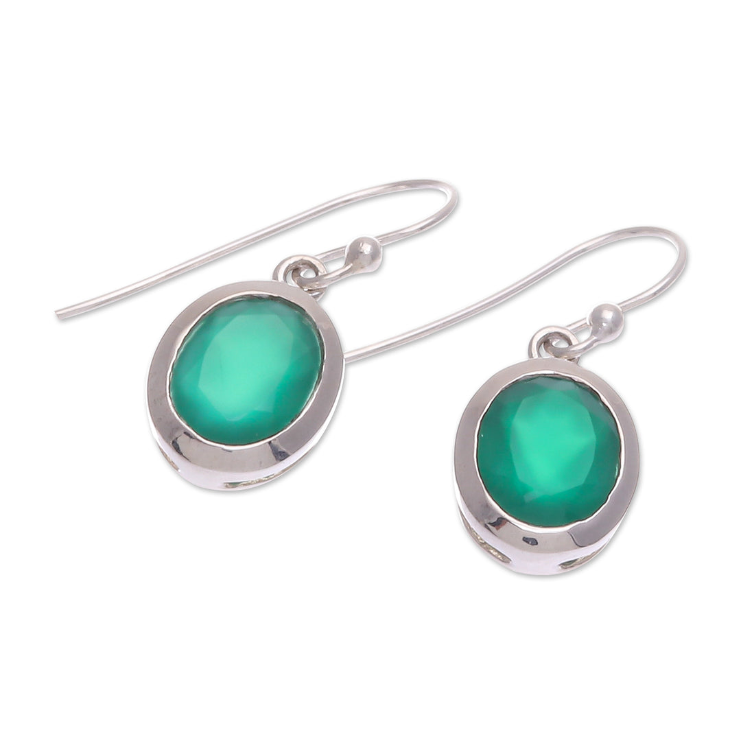 Polished Three-Carat Oval Chalcedony Dangle Earrings - Teal Focus
