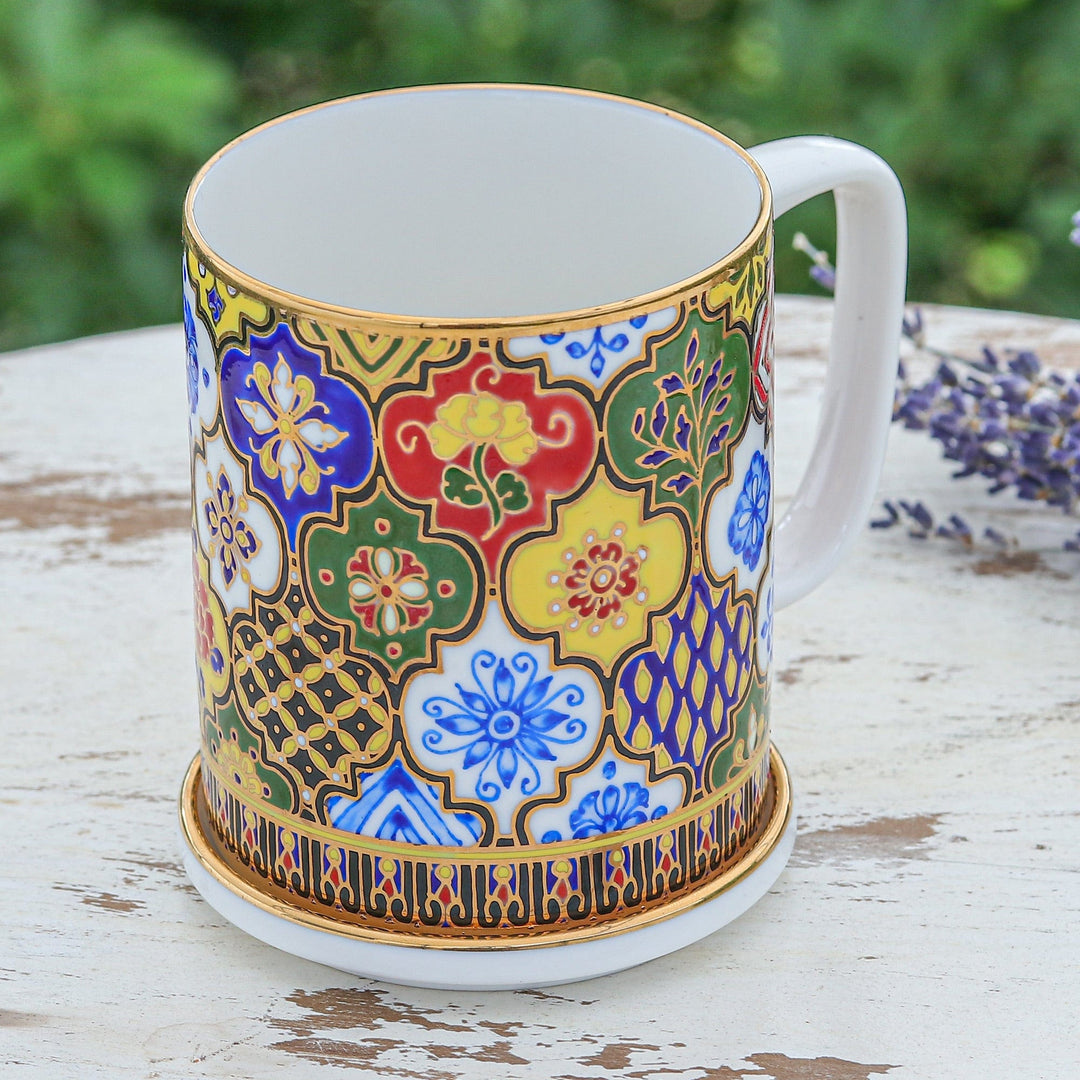 Gilded Hand-Painted Benjarong Porcelain Mug with Lid - Thai Splendor