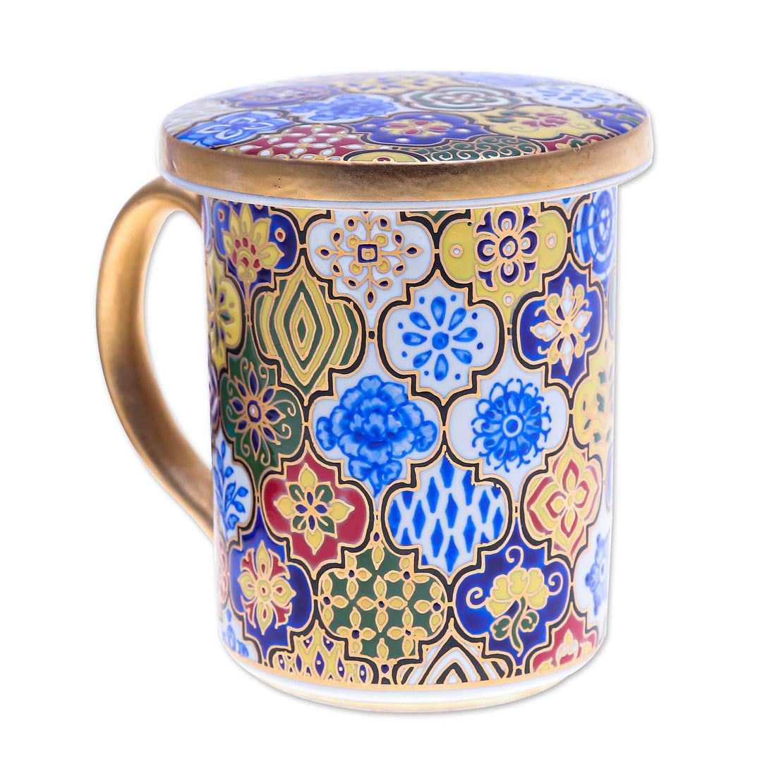 Gilded Blue Benjarong Porcelain Lidded Mug from Thailand - Thai Dream