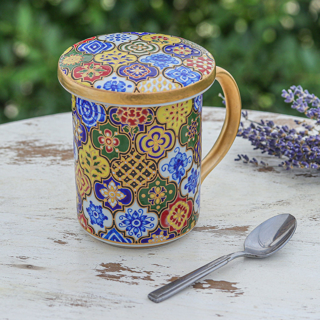 Gilded Blue Benjarong Porcelain Lidded Mug from Thailand - Thai Dream