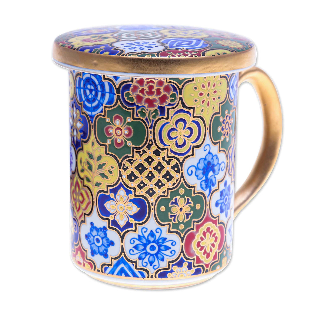 Gilded Blue Benjarong Porcelain Lidded Mug from Thailand - Thai Dream