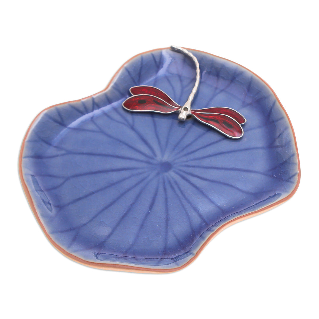 Blue Celadon Ceramic Catchall with Red Dragonfly Accent - Delightful Dragonfly