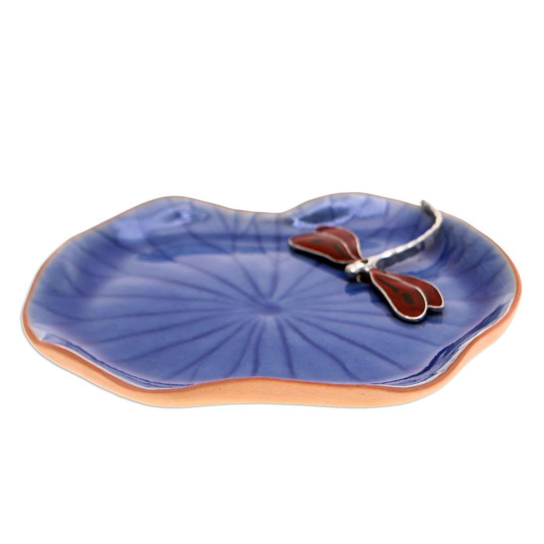 Blue Celadon Ceramic Catchall with Red Dragonfly Accent - Delightful Dragonfly
