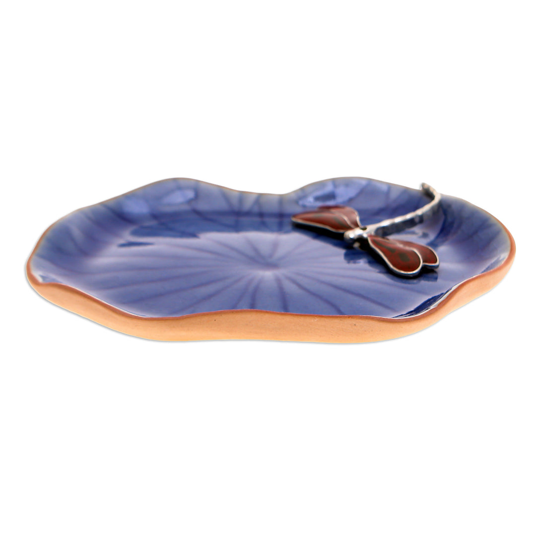 Blue Celadon Ceramic Catchall with Red Dragonfly Accent - Delightful Dragonfly