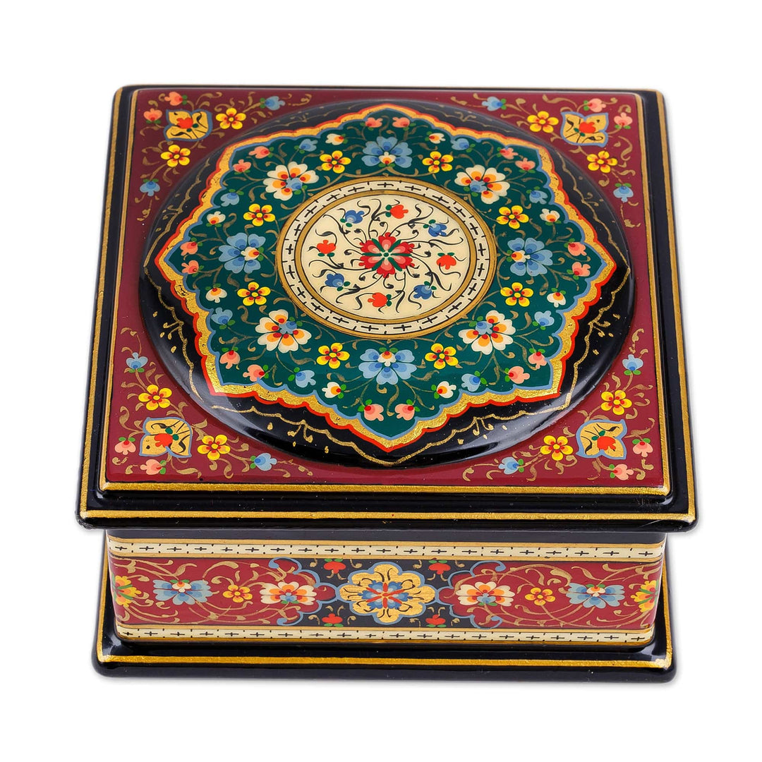 Floral Red Walnut Wood Jewelry Box with Velvet Lining - Floral Eden in Red