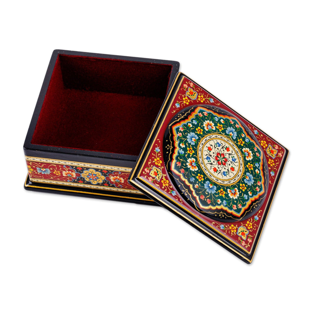Floral Red Walnut Wood Jewelry Box with Velvet Lining - Floral Eden in Red